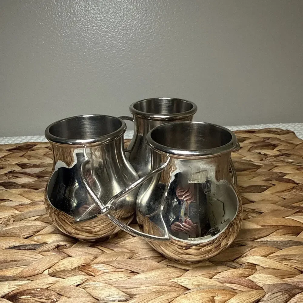 Vtg Set 3 Silver Tone Metal Bud Vases Rigid Intertwined Rope Handles MCM Decor